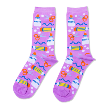 Pair of lavender crew socks with a repeating pattern of white glue bottles, orange scissors, yellow pencils, and blue wavy lines.
