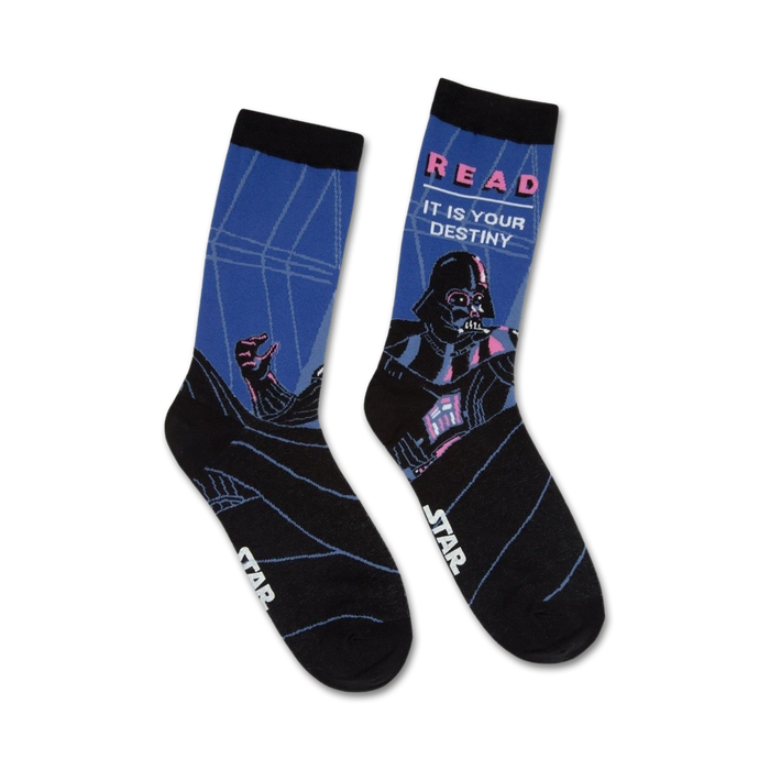 black and blue crew socks with darth vader graphic and 