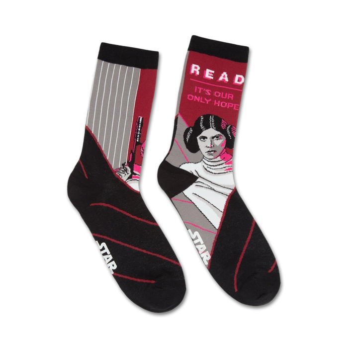star wars princess leia read socks: black crew socks with leia artwork, gray and red stripes, text 