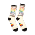 Cream crew socks with black cuffs.  'Book' and 'Nerd' are repeated in rainbow colors on the leg, with a small rainbow pride flag on the heel.