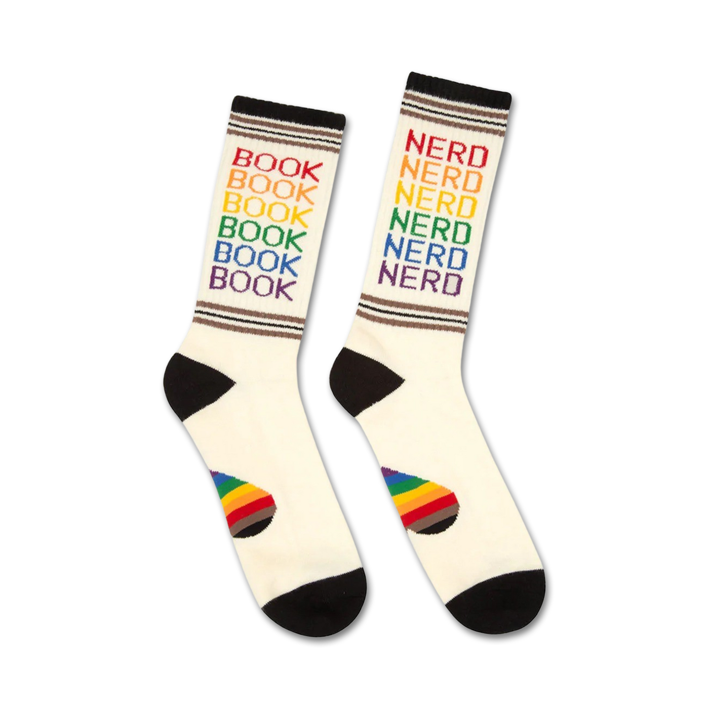 Cream crew socks with black cuffs.  'Book' and 'Nerd' are repeated in rainbow colors on the leg, with a small rainbow pride flag on the heel.