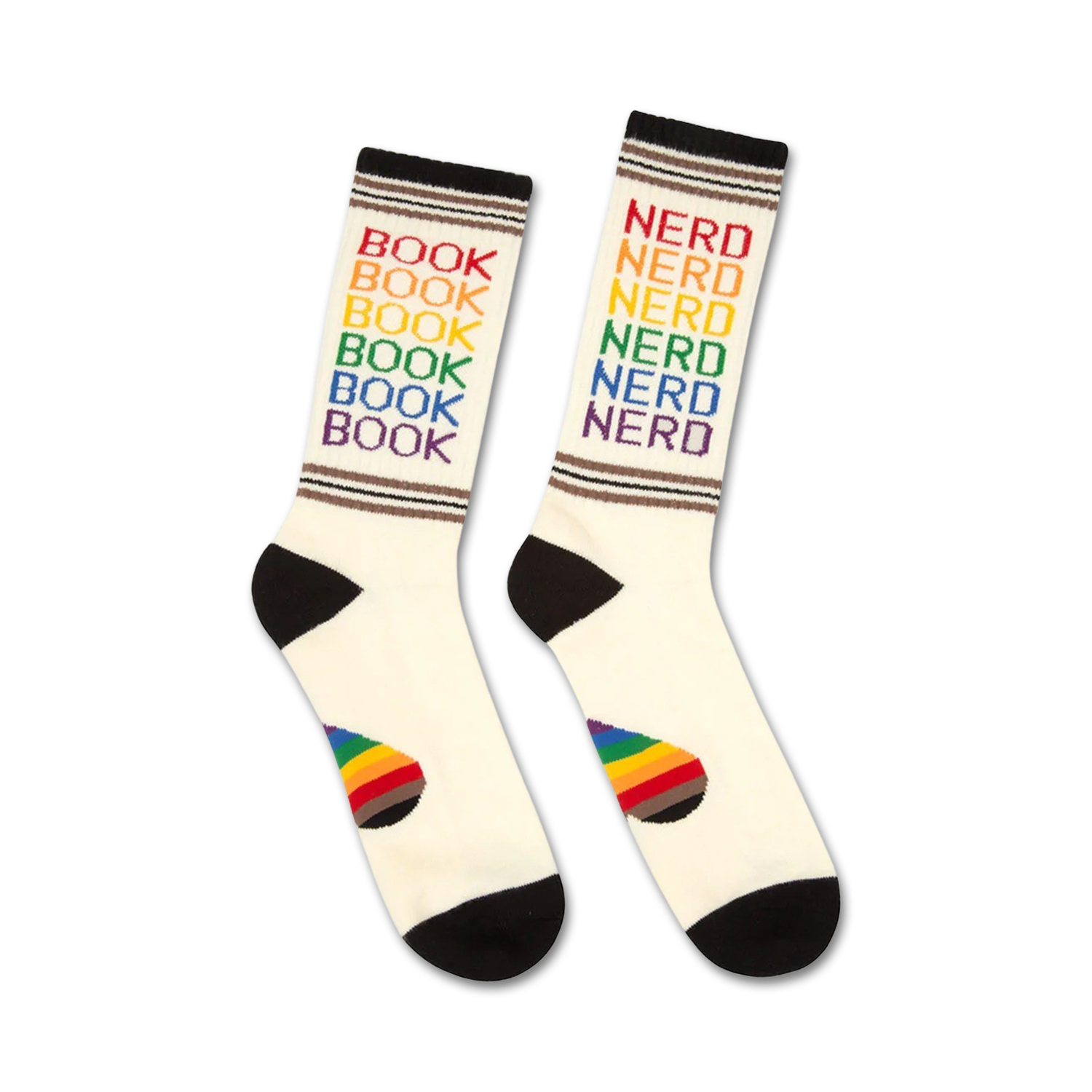 Cream crew socks with black cuffs.  'Book' and 'Nerd' are repeated in rainbow colors on the leg, with a small rainbow pride flag on the heel.