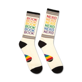 white and black crew socks featuring a rainbow pattern of "book nerd" graphics.  