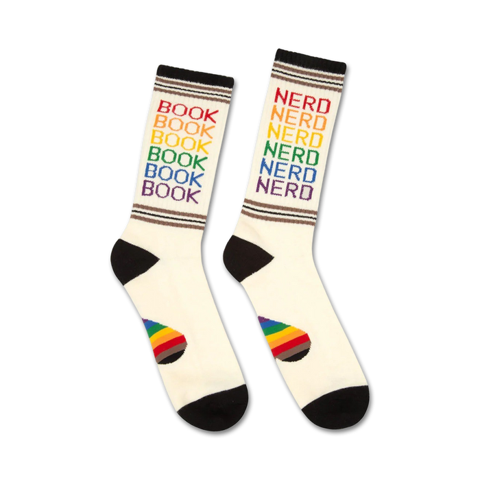 white and black crew socks featuring a rainbow pattern of 