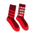 Pair of crew socks in red and burgundy. One sock features horizontal stripes, the other displays 'A word after a word after a word is power'.