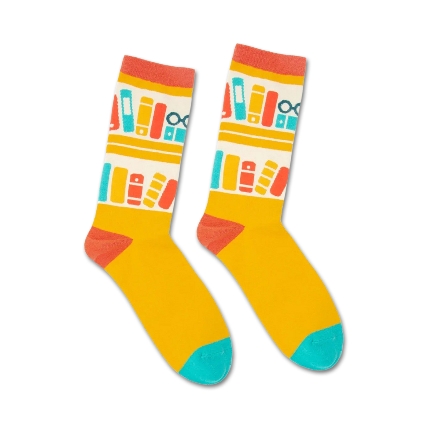 Pair of crew socks in yellow with a repeating pattern of books and glasses on a bookshelf in red, teal, and white.
