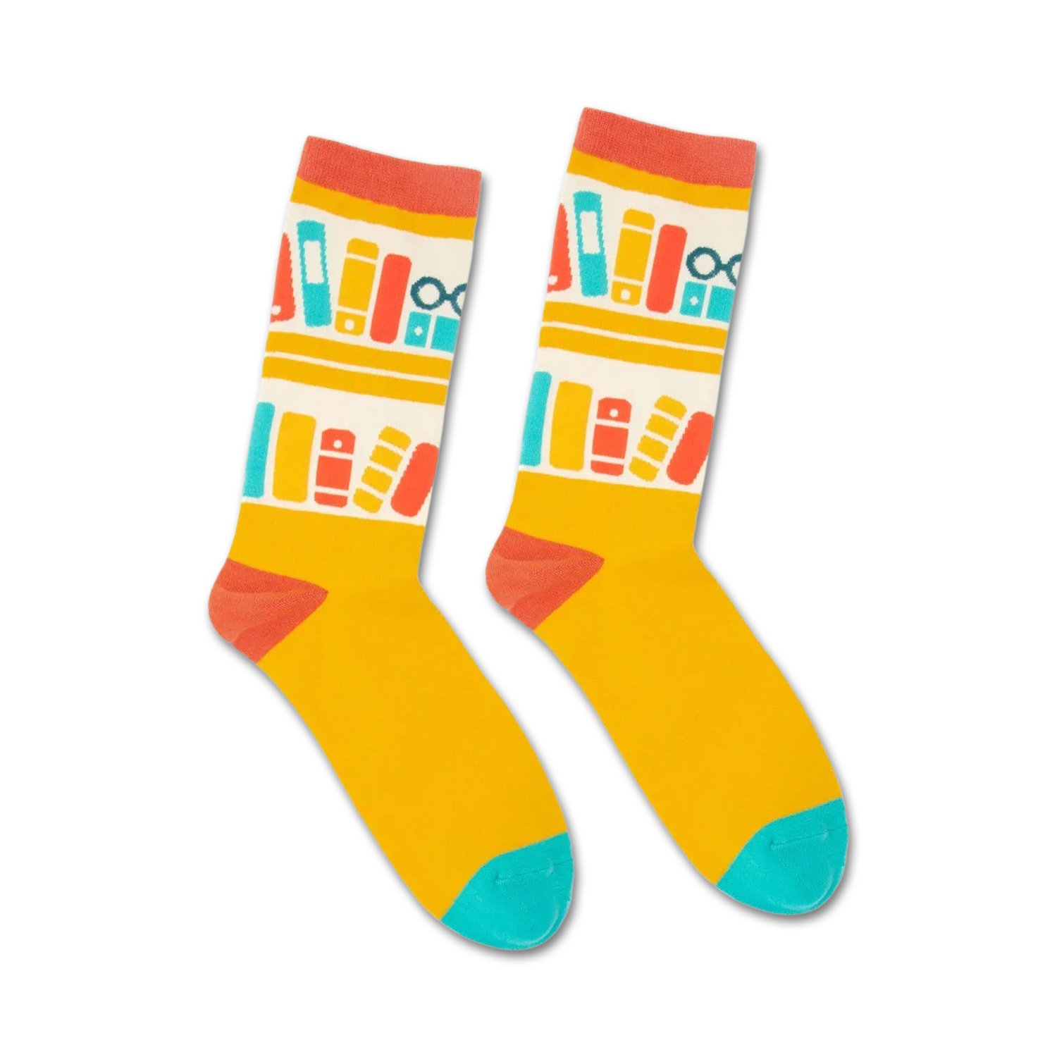 Pair of crew socks in yellow with a repeating pattern of books and glasses on a bookshelf in red, teal, and white.