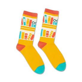 yellow crew socks with blue toes, heels and a pattern of red, orange, blue, and green books.   