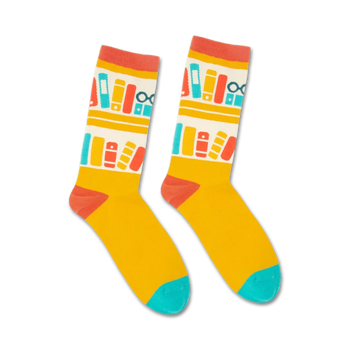 yellow crew socks with blue toes, heels and a pattern of red, orange, blue, and green books.   