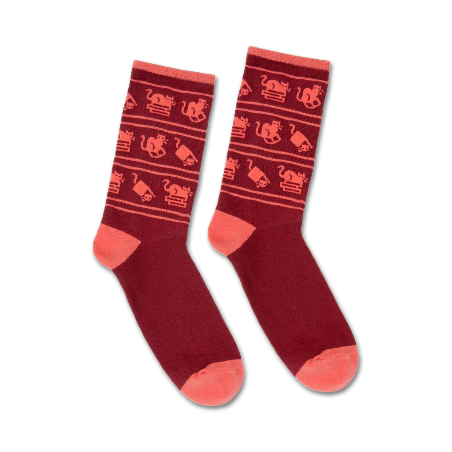 Pair of burgundy crew socks with a playful pattern of coral cats and stacks of books. 