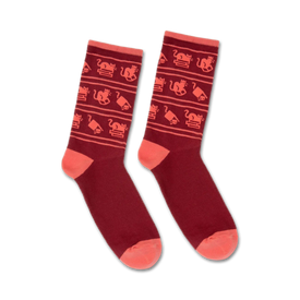 dark red crew socks feature cats in graduation caps with stacks of books; sold in men's and women's sizes.  