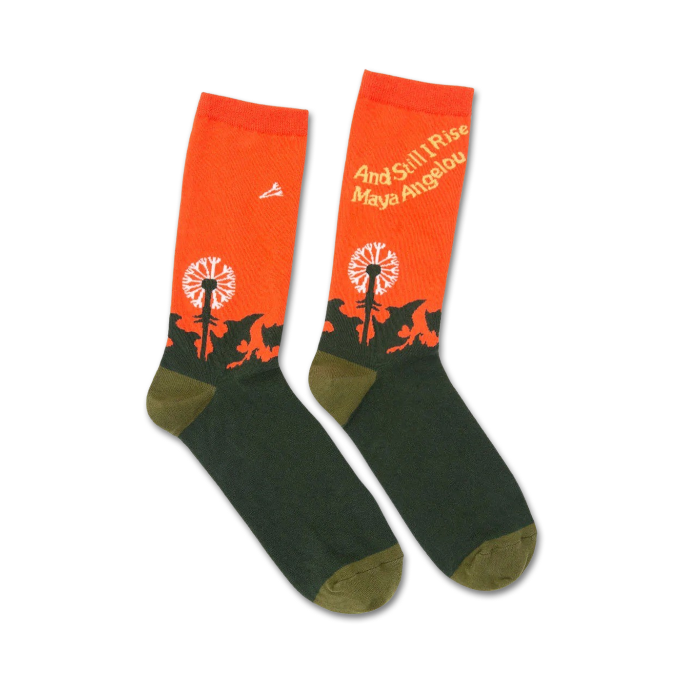 Pair of crew socks in orange and dark green.  The socks feature a dandelion graphic and the words "And Still I Rise" by Maya Angelou.