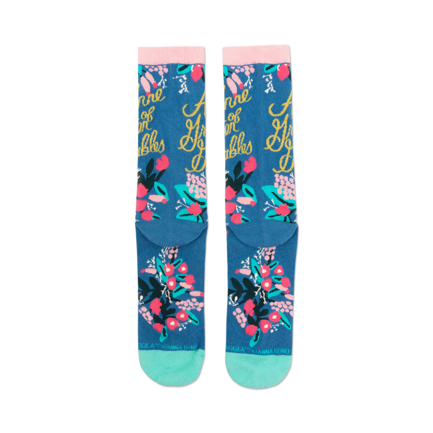 Back view of 'Anne of Green Gables' socks, showcasing the full design and teal heel and toe.