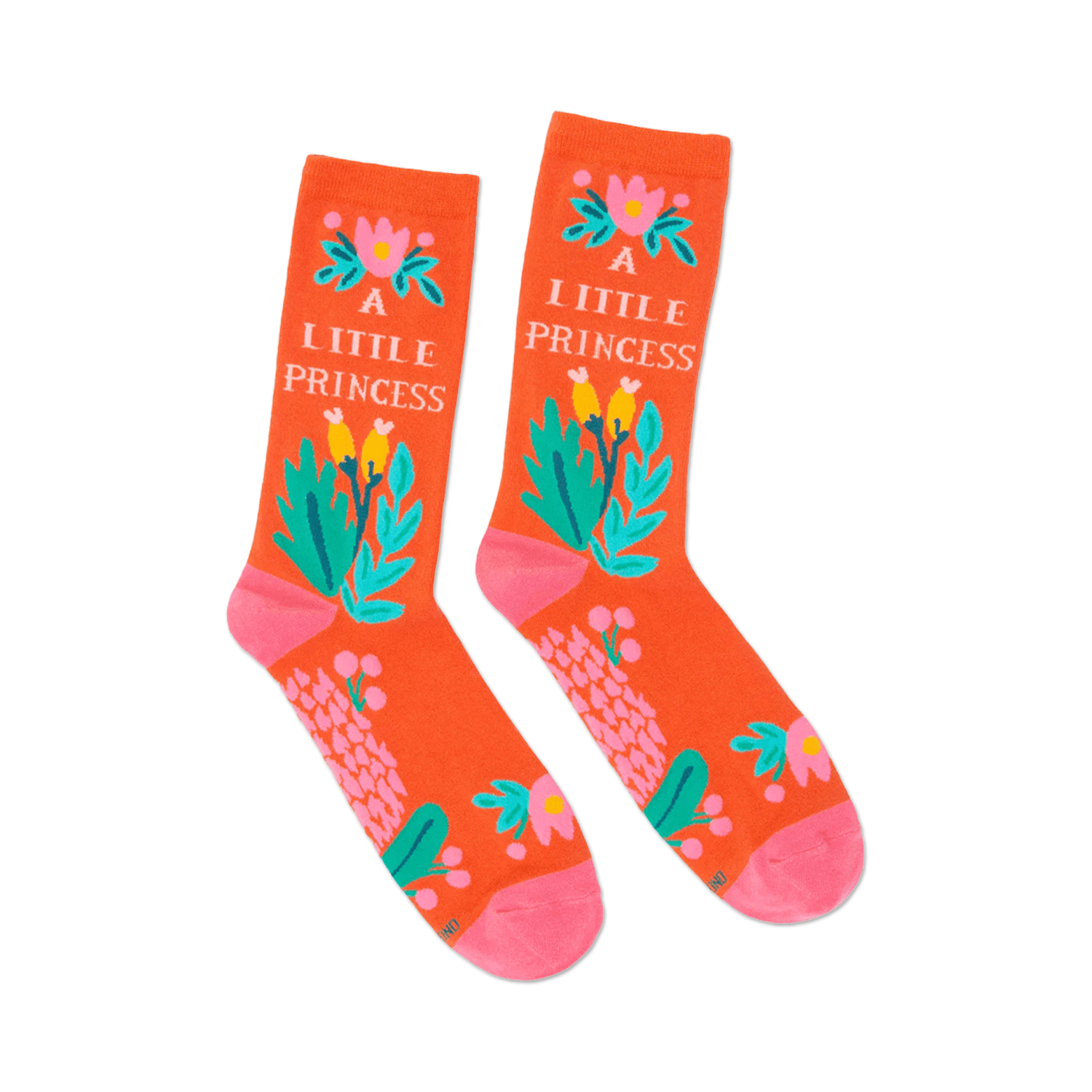Close-up view of the 'A Little Princess' socks, highlighting the playful floral designs and text.