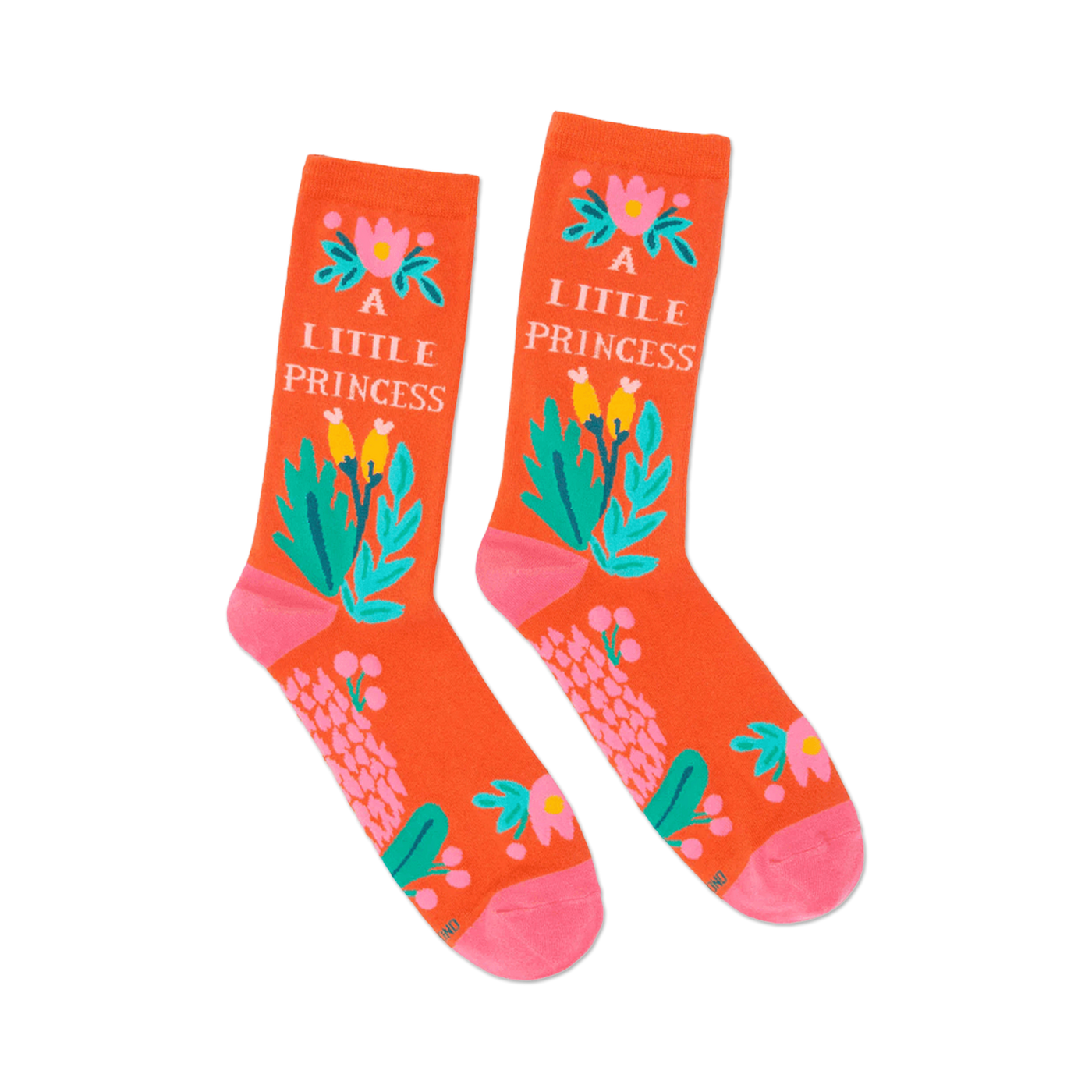 Pair of orange crew socks featuring pink flowers, green leaves, and the text 'A Little Princess'.