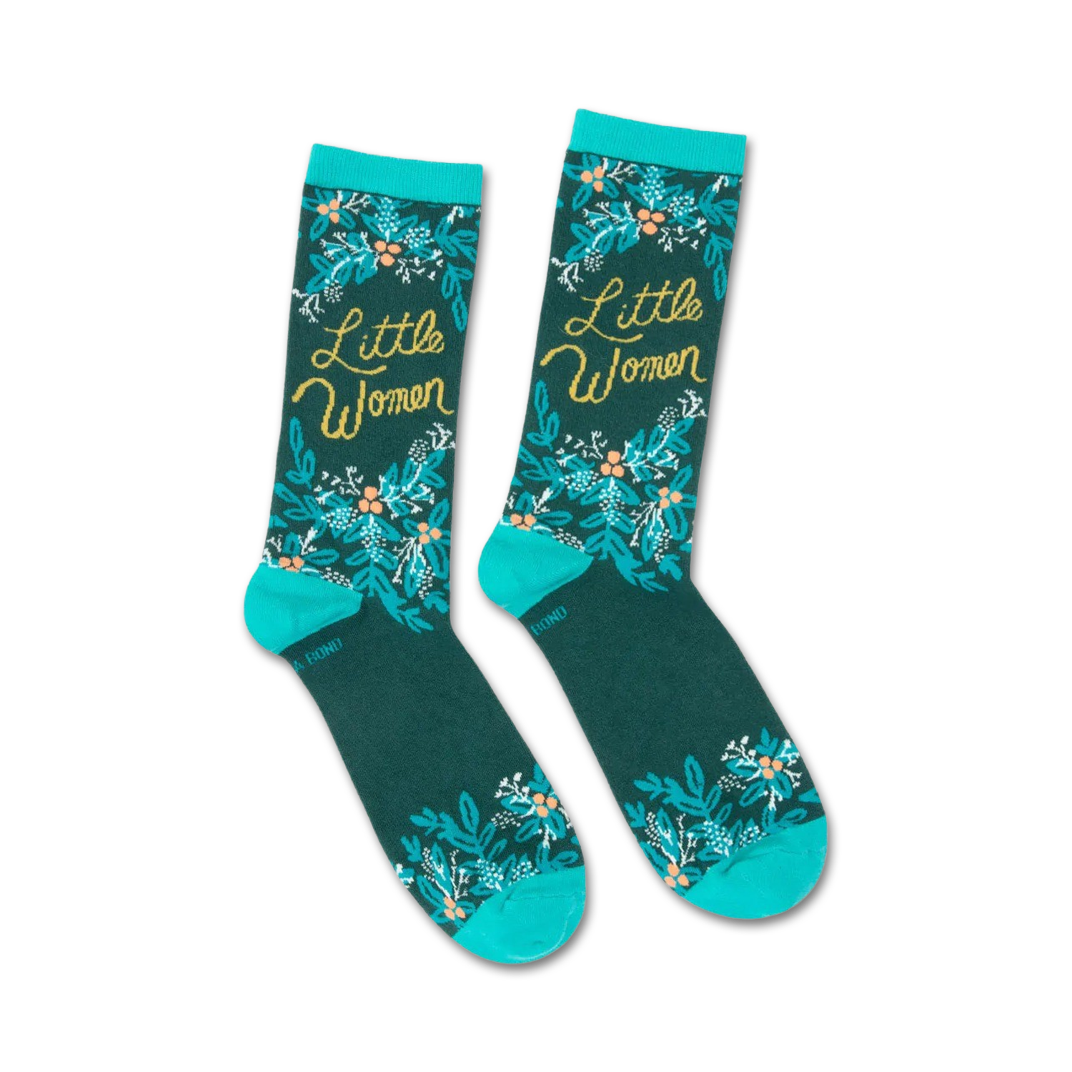 Crew socks in teal and dark green, featuring a floral pattern and 'Little Women' in gold lettering.