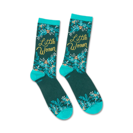 "little women puffin in bloom socks: dark green with blue & green flowers, yellow centers. gold script "little women" on each sock. art & literature themed. crew length. men & women."   