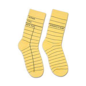 yellow socks with black library card-inspired stripes. crew length. for men and women.   