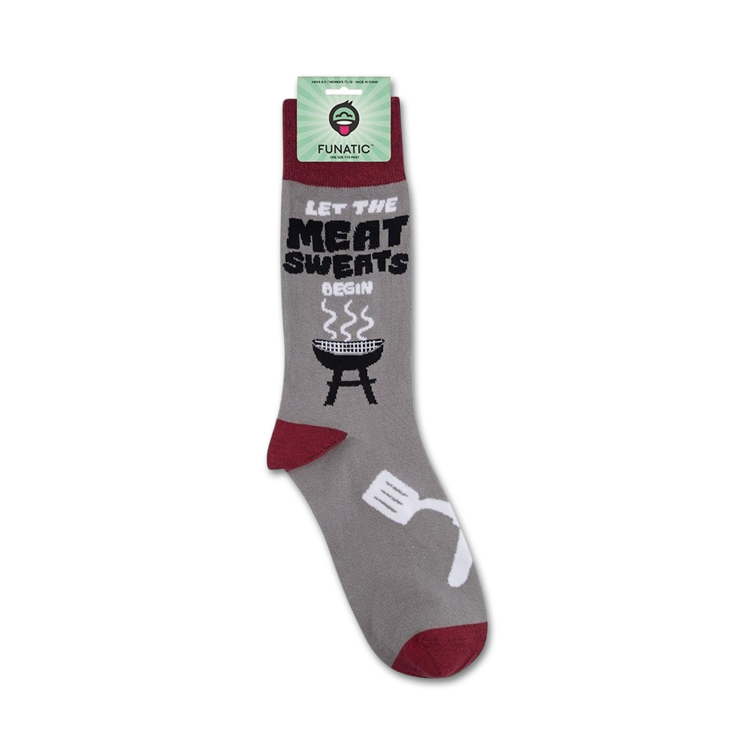 Lifestyle shot of 'Let The Meat Sweats Begin' socks on a person's feet.