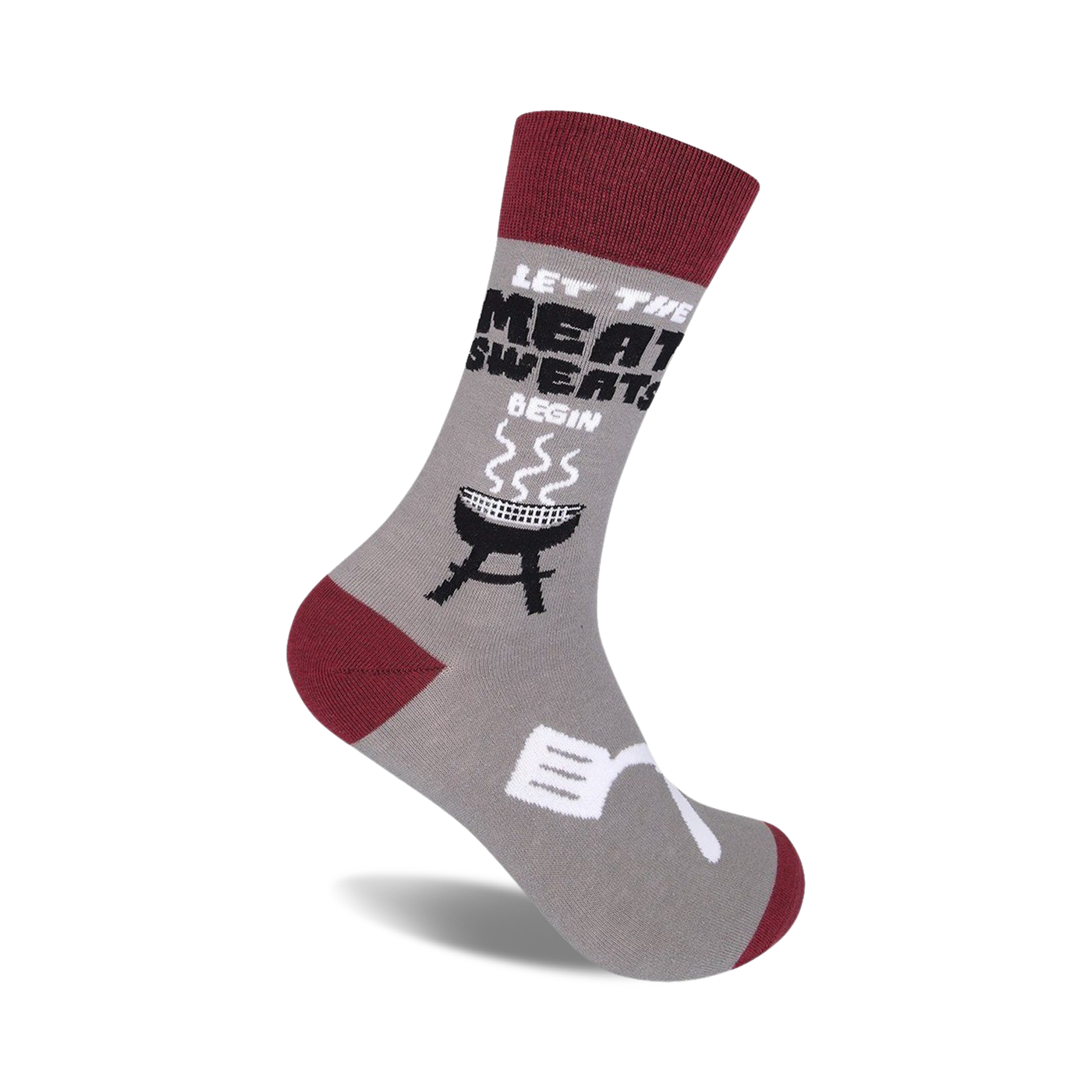 Grey crew socks with a maroon cuff, featuring a BBQ grill, spatula, and the text 'Let The Meat Sweats Begin'.