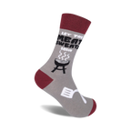Grey crew socks with a maroon cuff, featuring a BBQ grill, spatula, and the text 'Let The Meat Sweats Begin'.