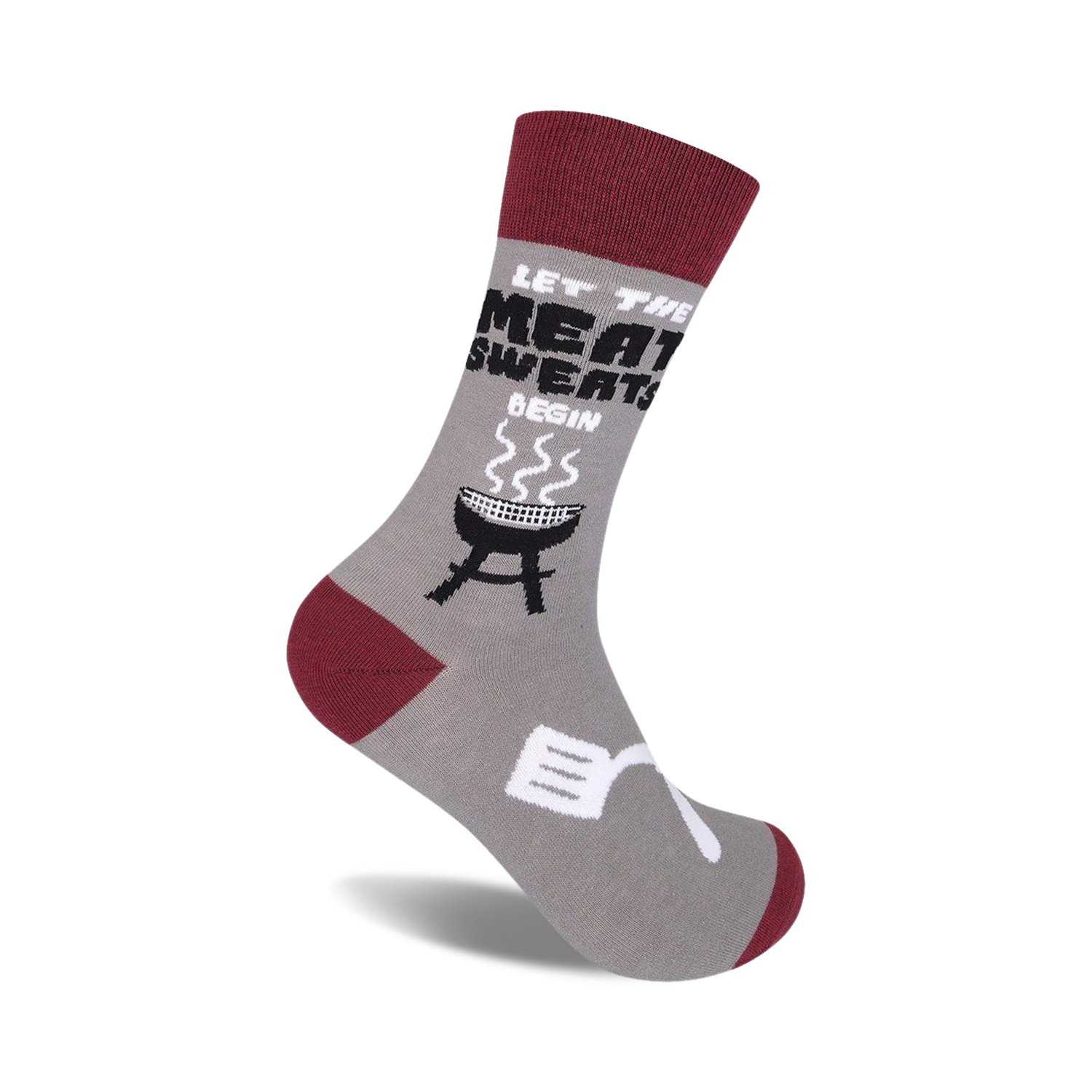 Grey crew socks with a maroon cuff, featuring a BBQ grill, spatula, and the text 'Let The Meat Sweats Begin'.