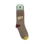 Product shot showing 'Wish You Were Beer' socks folded on its packaging.