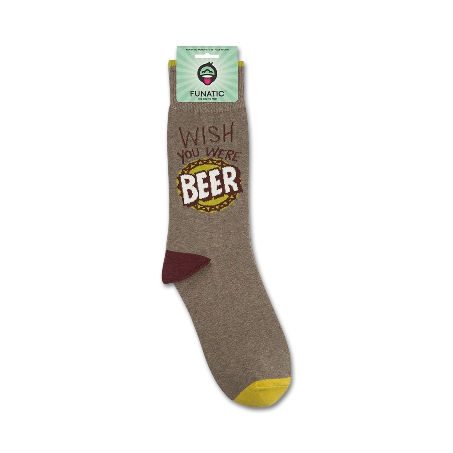 Product shot showing 'Wish You Were Beer' socks folded on its packaging.