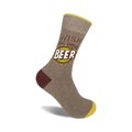 Crew socks in taupe, burgundy, and yellow, featuring a playful 'Wish You Were Beer' graphic with a bottle cap design.