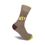 Crew socks in taupe, burgundy, and yellow, featuring a playful 'Wish You Were Beer' graphic with a bottle cap design.