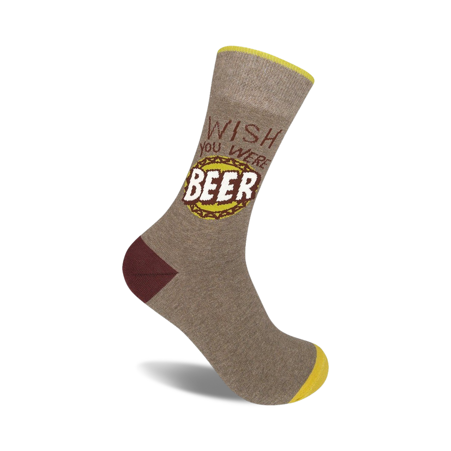 Crew socks in taupe, burgundy, and yellow, featuring a playful 'Wish You Were Beer' graphic with a bottle cap design.