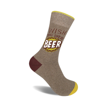 men's crew socks in brown with yellow toes and heels that say "wish you were beer"   