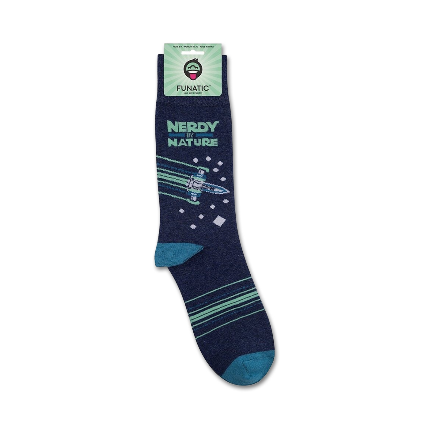 Product shot of 'Nerdy By Nature' socks on their packaging card. Shows the full sock design and branding.