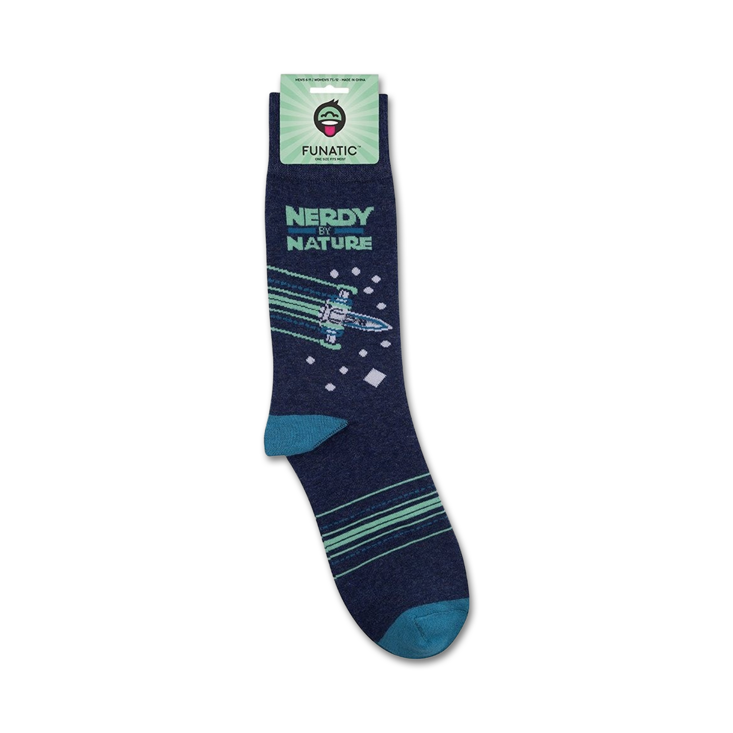 Product shot of 'Nerdy By Nature' socks on their packaging card. Shows the full sock design and branding.
