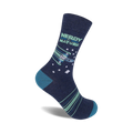 Crew socks in navy blue, teal, and light green, featuring a pixelated spaceship design and the text 'Nerdy By Nature'.