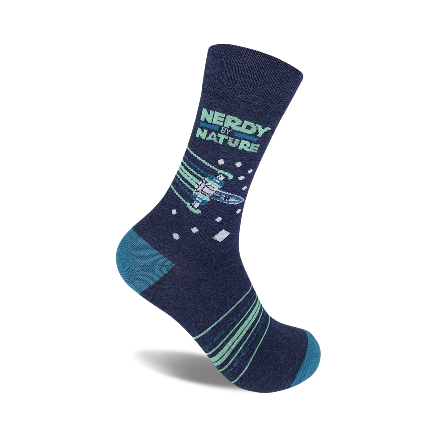Crew socks in navy blue, teal, and light green, featuring a pixelated spaceship design and the text 'Nerdy By Nature'.