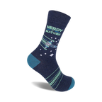 Crew socks in navy blue, teal, and light green, featuring a pixelated spaceship design and the text 'Nerdy By Nature'.