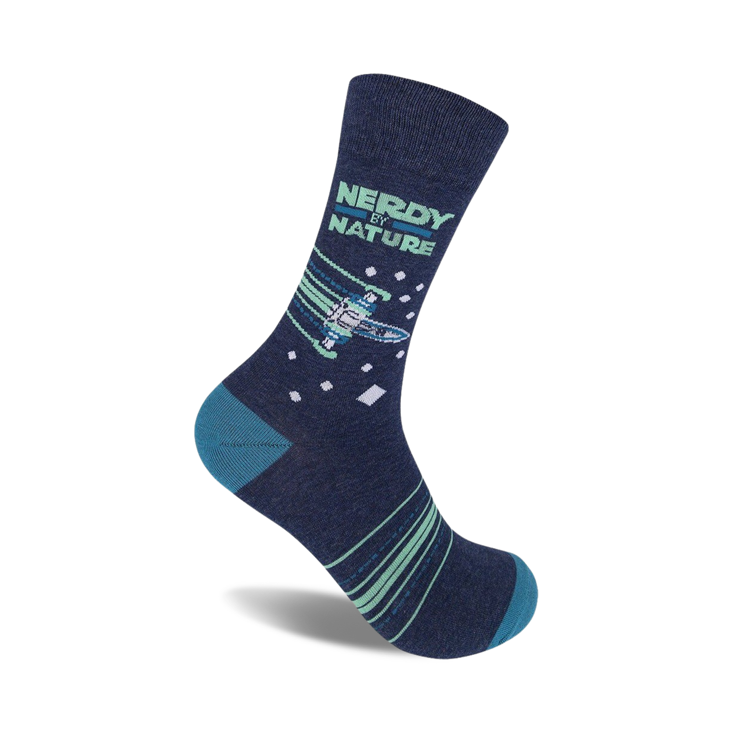 Crew socks in navy blue, teal, and light green, featuring a pixelated spaceship design and the text 'Nerdy By Nature'.