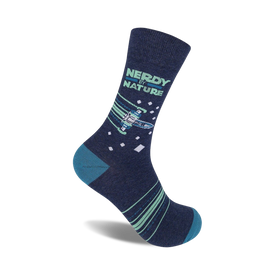 blue crew socks with light blue accents and rocket ship motif. perfect for showcasing your inner nerd!   