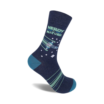 blue crew socks with light blue accents and rocket ship motif. perfect for showcasing your inner nerd!   
