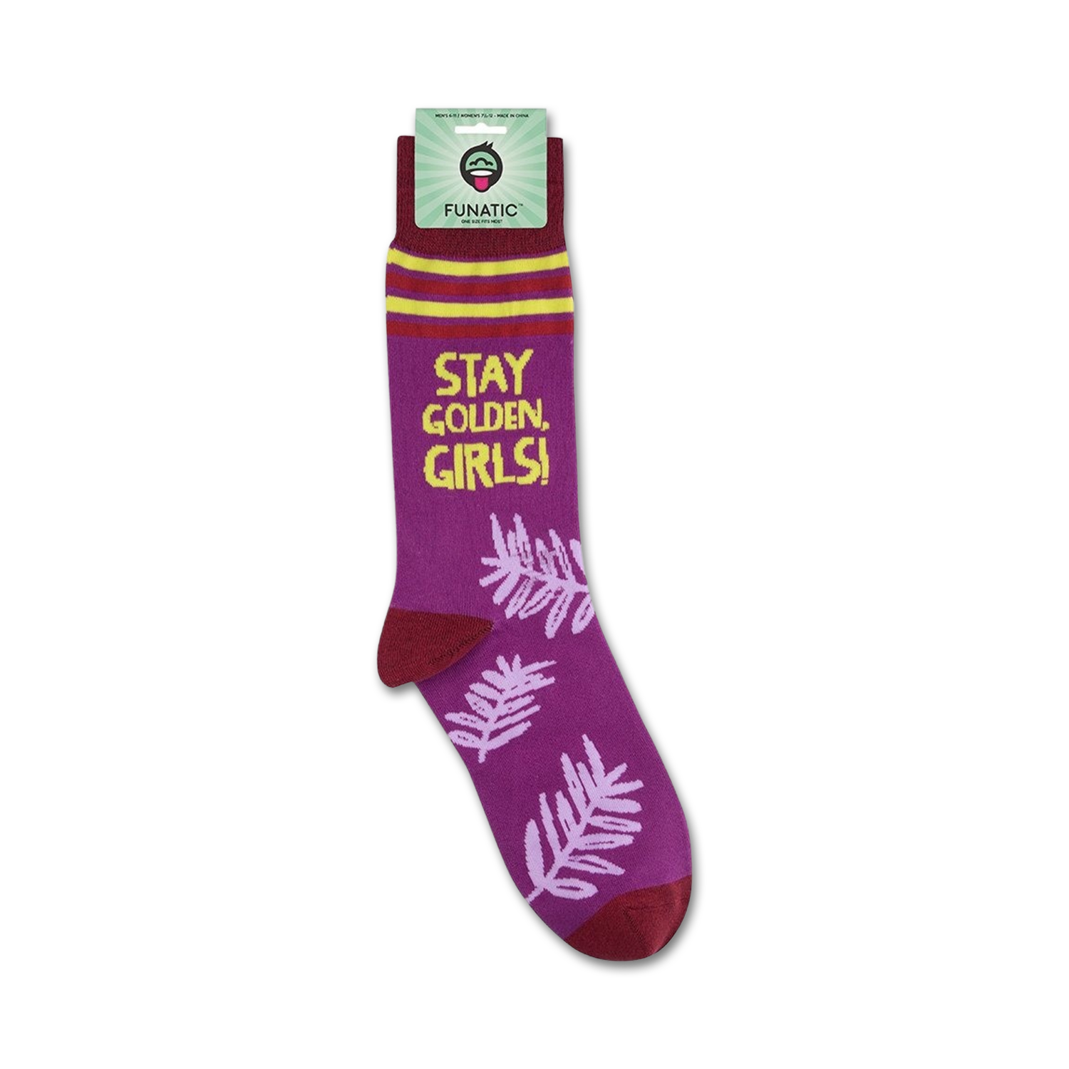 Close-up of 'Stay Golden, Girls!' socks on their packaging.