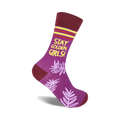 Purple crew socks with maroon cuffs, yellow text reading 'Stay Golden, Girls!', and a light purple leaf pattern.