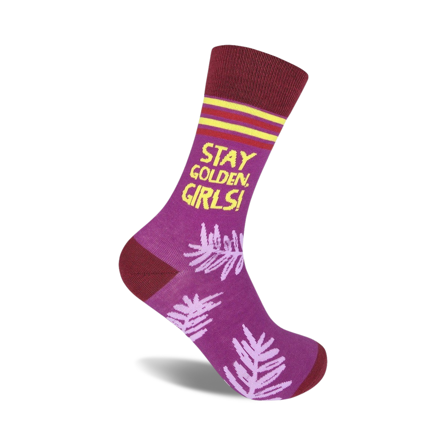 Purple crew socks with maroon cuffs, yellow text reading 'Stay Golden, Girls!', and a light purple leaf pattern.