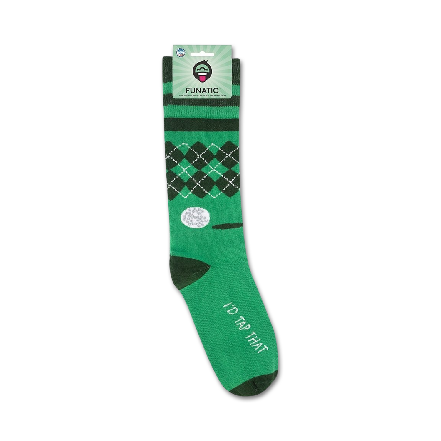 Product shot of 'I'd Tap That' golf socks on its packaging.