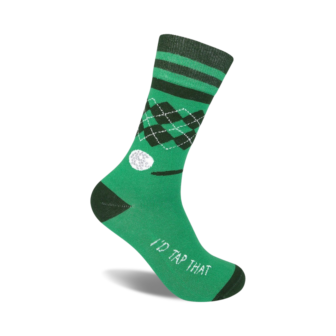 Green crew socks with black and white argyle design, golf ball graphic, and 'I'd Tap That' text.