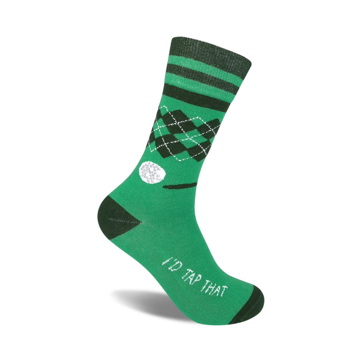 Green crew socks with black and white argyle design, golf ball graphic, and 'I'd Tap That' text.