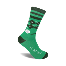 mens green crew socks with black toe and heel. 'i'd tap that' is written on the black sole. argyl print in black and white on a green background.  
