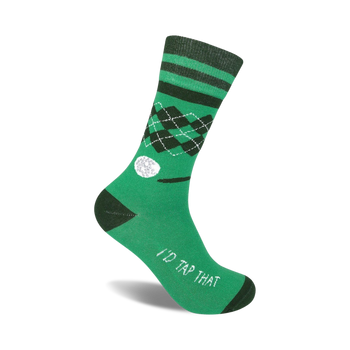 mens green crew socks with black toe and heel. 'i'd tap that' is written on the black sole. argyl print in black and white on a green background.  