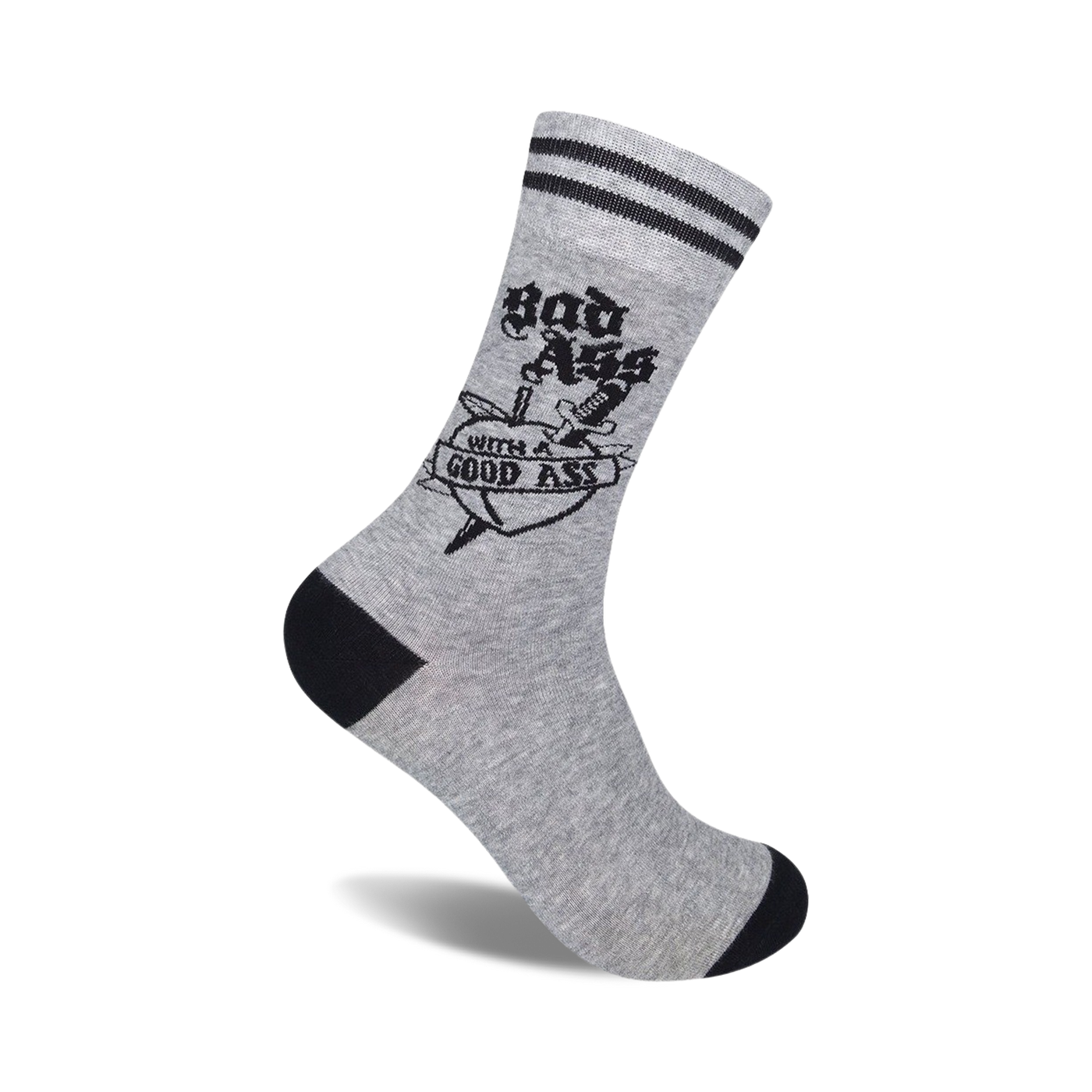 Grey crew socks with black stripes at the top and a black and white tattoo-style graphic of a dagger through a heart that says 'Bad Ass With A Good Ass'.