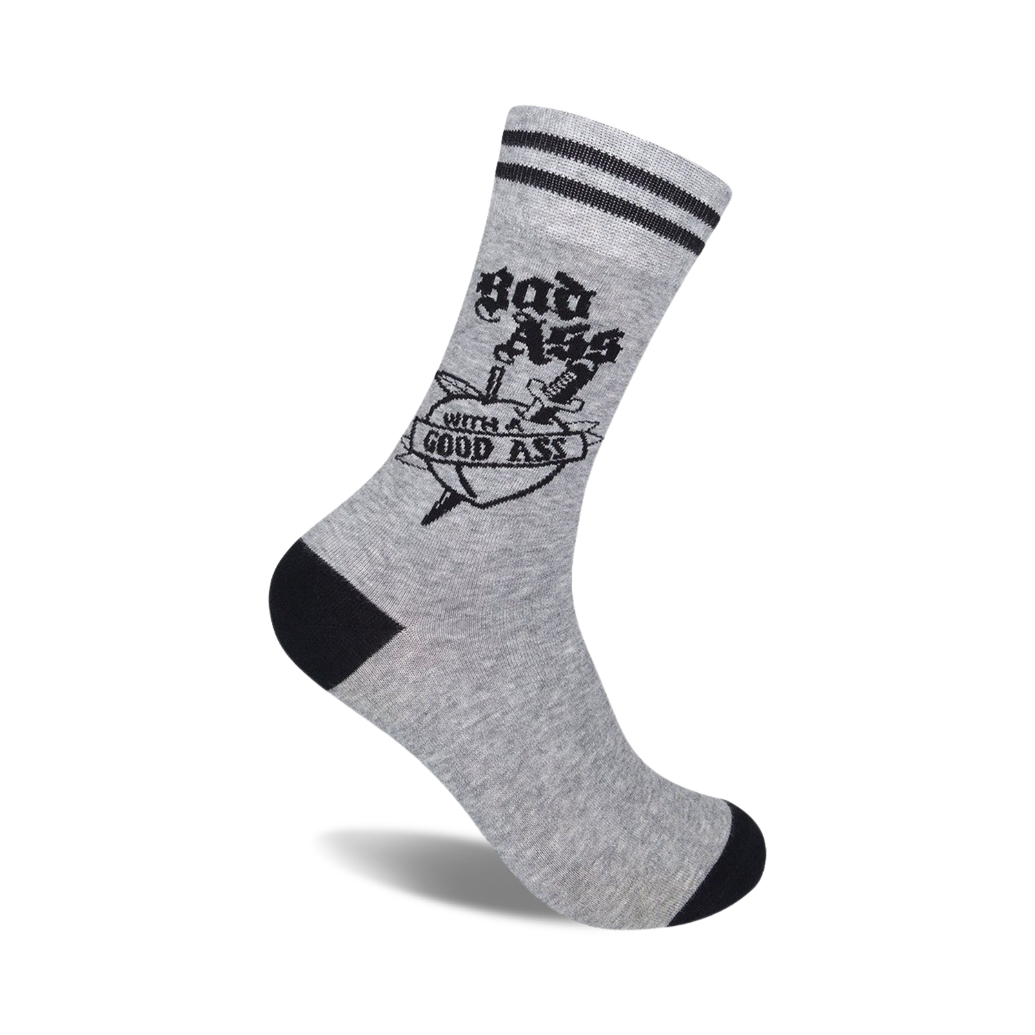 Grey crew socks with black stripes at the top and a black and white tattoo-style graphic of a dagger through a heart that says 'Bad Ass With A Good Ass'.